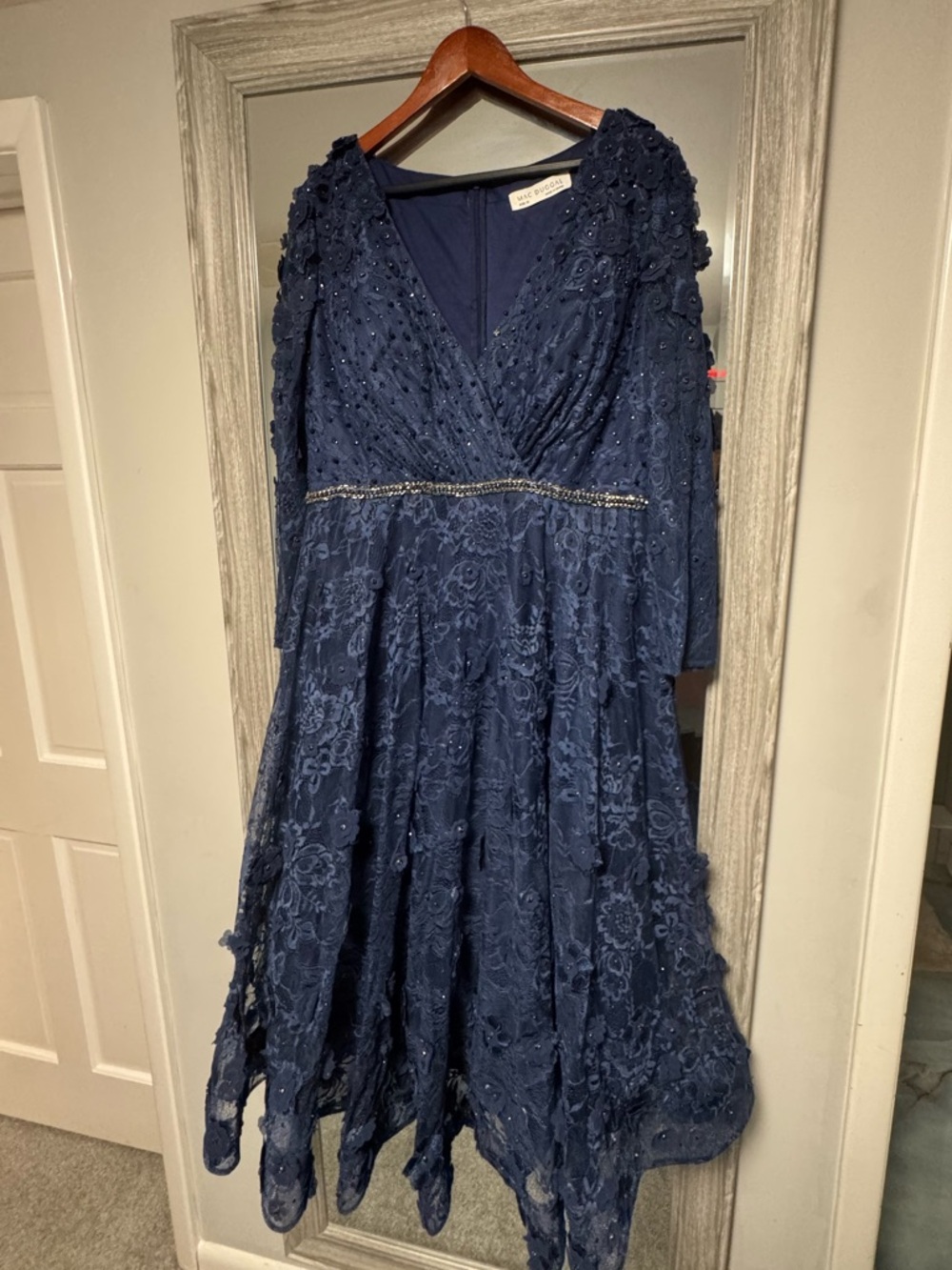 Mac Duggal Navy Blue Embroidered Floral Evening Dress